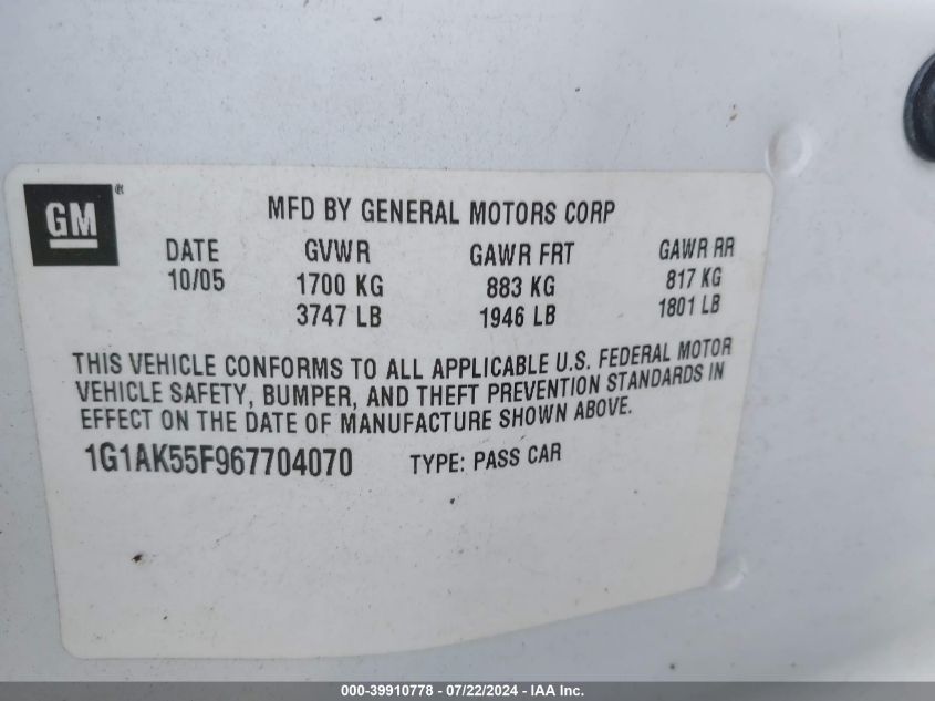 2006 Chevrolet Cobalt Ls VIN: 1G1AK55F967704070 Lot: 39910778