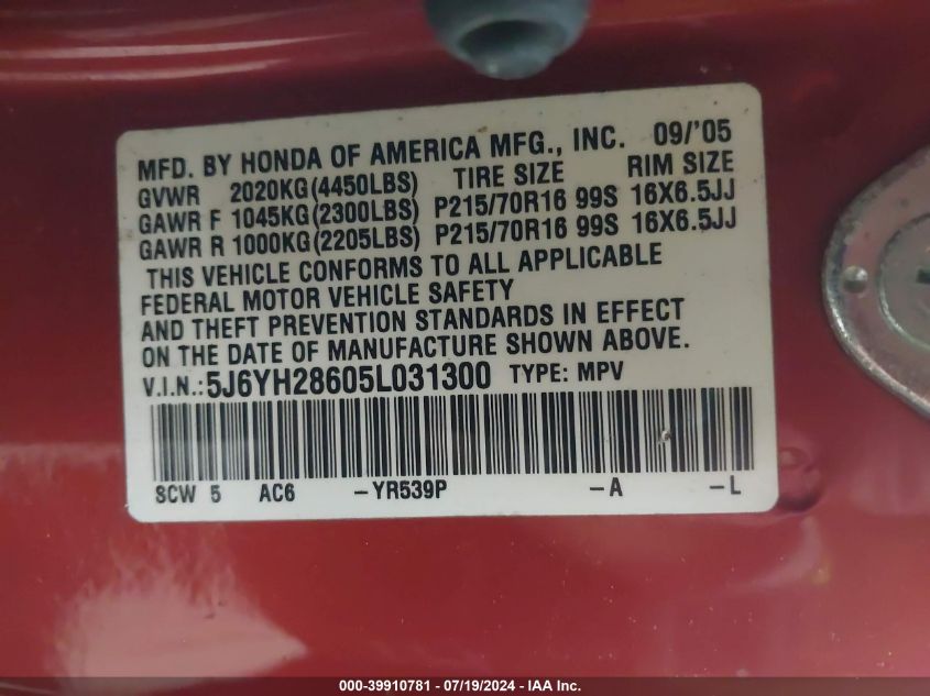 2005 Honda Element Ex VIN: 5J6YH28605L031300 Lot: 39910781