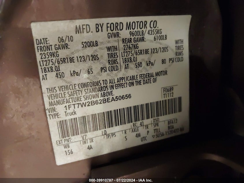 2011 Ford F-250 Lariat VIN: 1FT7W2B62BEA50656 Lot: 39910787