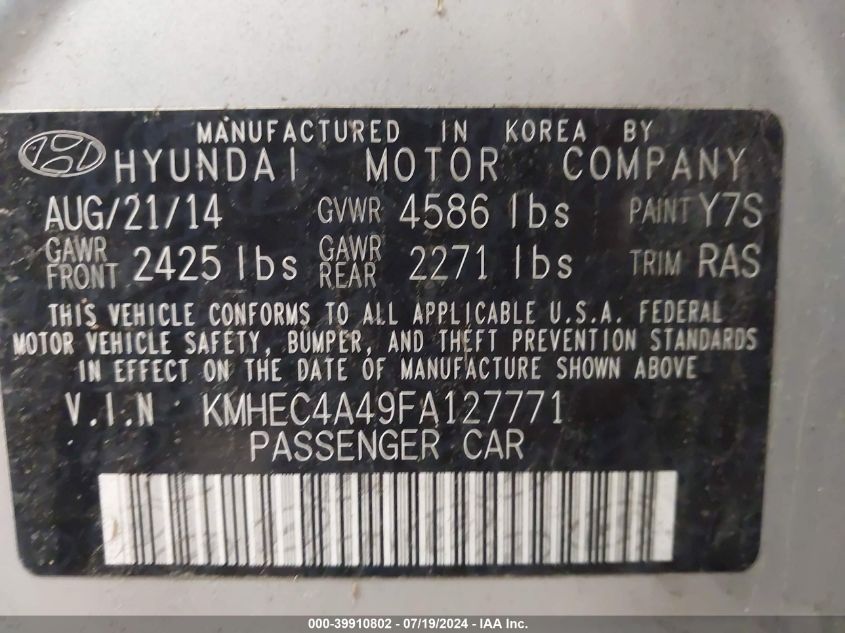 2015 Hyundai Sonata Hybrid Limited VIN: KMHEC4A49FA127771 Lot: 39910802