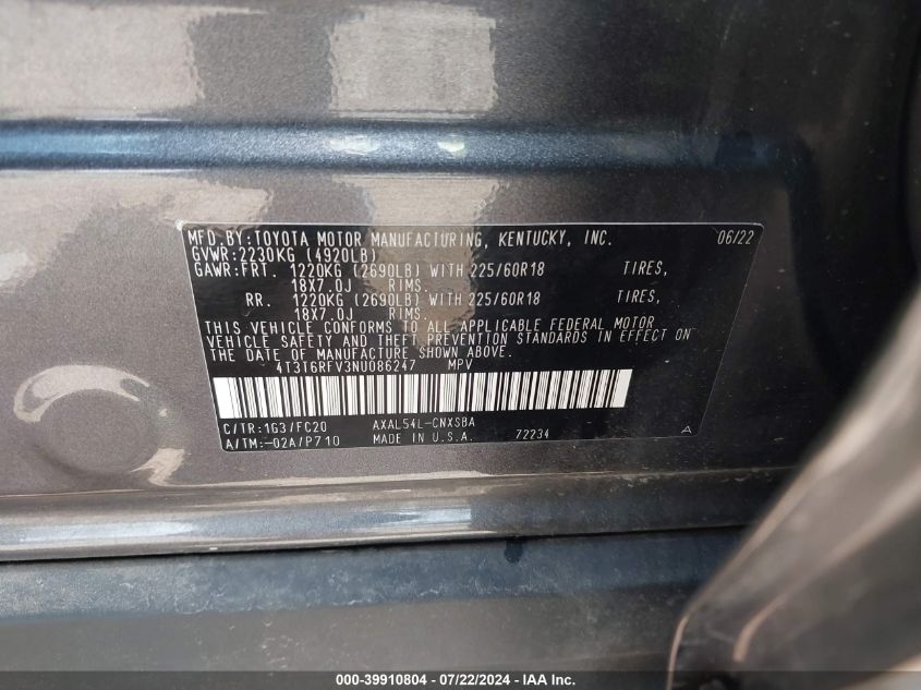 2022 Toyota Rav4 Hybrid Se VIN: 4T3T6RFV3NU086247 Lot: 39910804