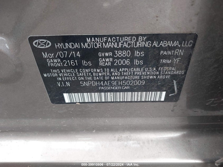 2014 Hyundai Elantra Se VIN: 5NPDH4AE9EH502009 Lot: 39910806