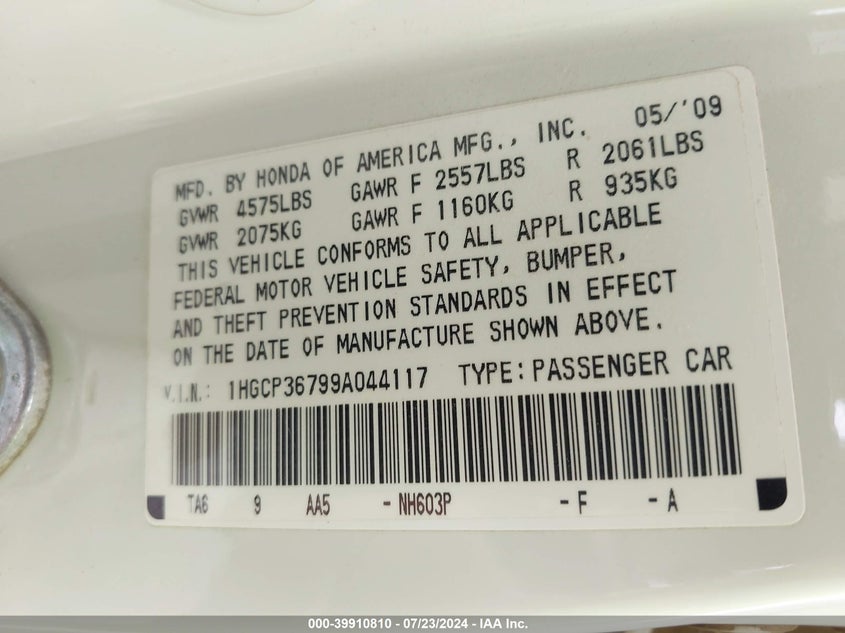 2009 Honda Accord 3.5 Ex VIN: 1HGCP36799A044117 Lot: 39910810