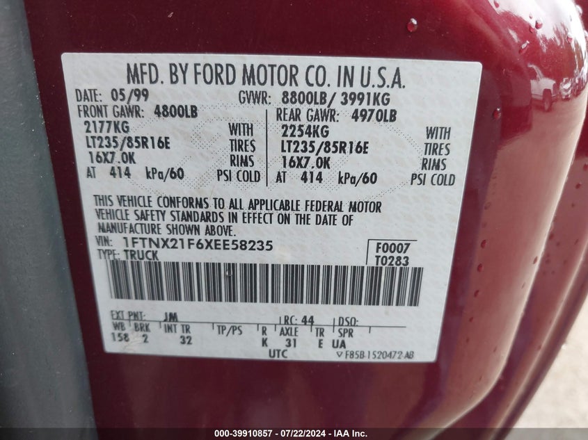 1999 Ford F-250 Lariat/Xl/Xlt VIN: 1FTNX21F6XEE58235 Lot: 39910857