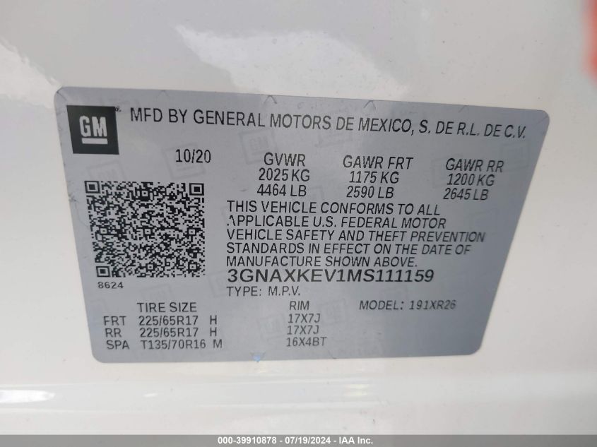 3GNAXKEV1MS111159 2021 Chevrolet Equinox Fwd Lt