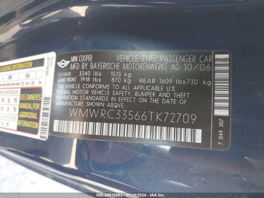 2006 Mini Cooper VIN: WMWRC33566TK72709 Lot: 39910883