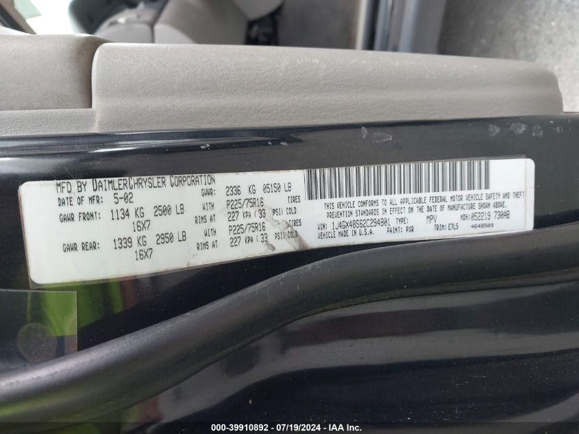 2002 Jeep Grand Cherokee Laredo VIN: 1J4GX48S62C294801 Lot: 39910892