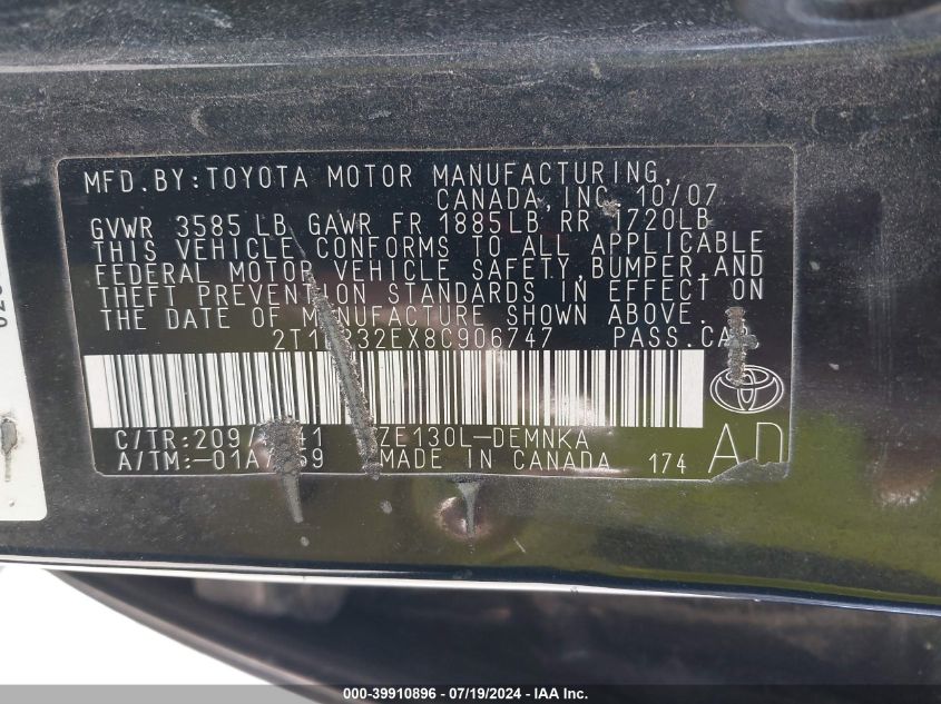 2008 Toyota Corolla Le VIN: 2T1BR32EX8C906747 Lot: 39910896