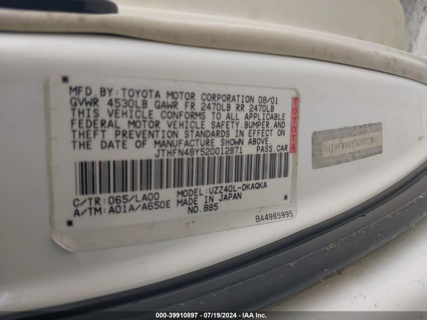 2002 Lexus Sc 430 VIN: JTHFN48Y520012871 Lot: 39910897