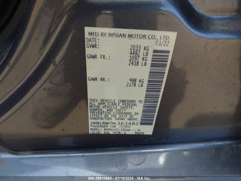 2022 Nissan Altima Sv Intelligent Awd VIN: 1N4BL4DW7NN363482 Lot: 39910905