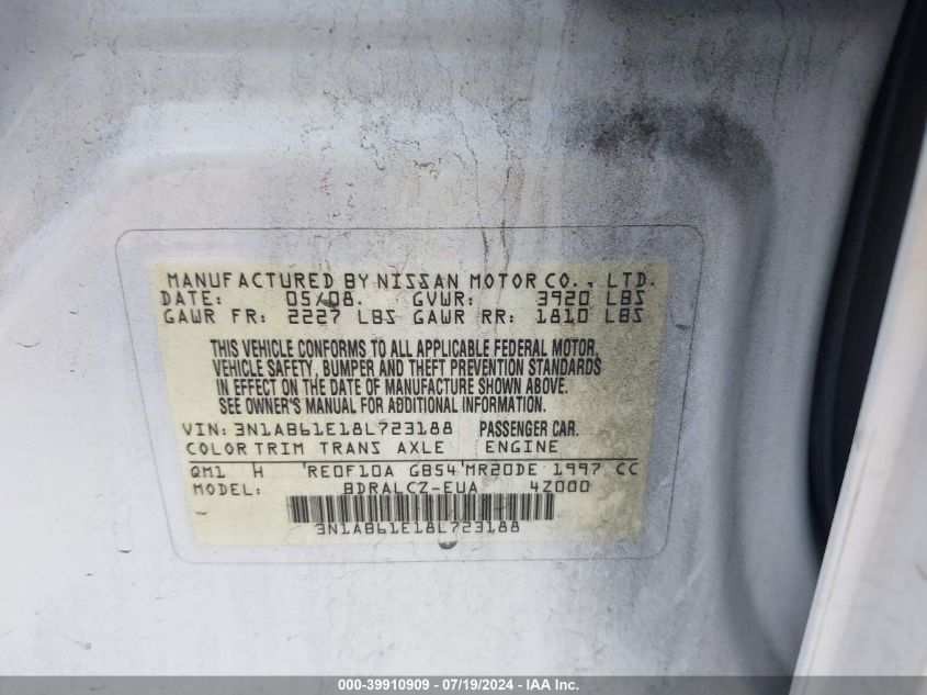 2008 Nissan Sentra 2.0 VIN: 3N1AB61E18L723188 Lot: 39910909