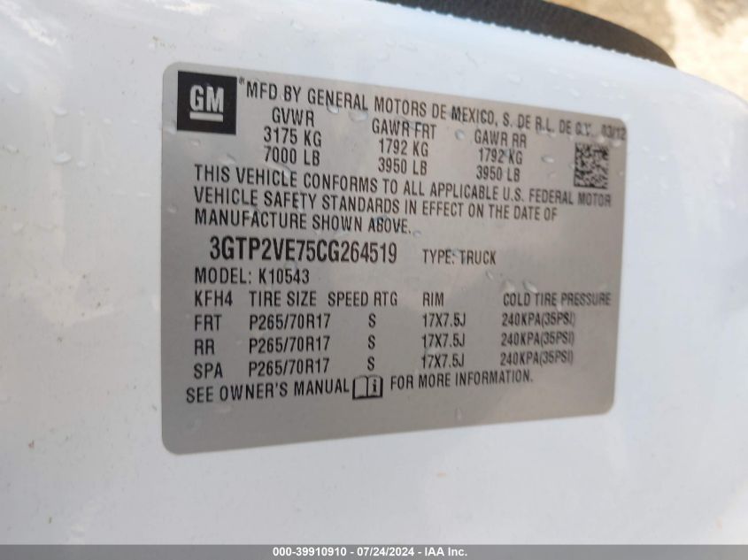 2012 GMC Sierra 1500 Sle VIN: 3GTP2VE75CG264519 Lot: 39910910