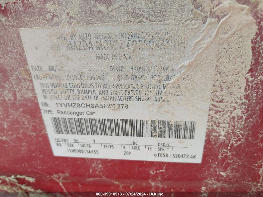 2010 Mazda Mazda6 I Touring VIN: 1YVHZ8CH8A5M07278 Lot: 39910913