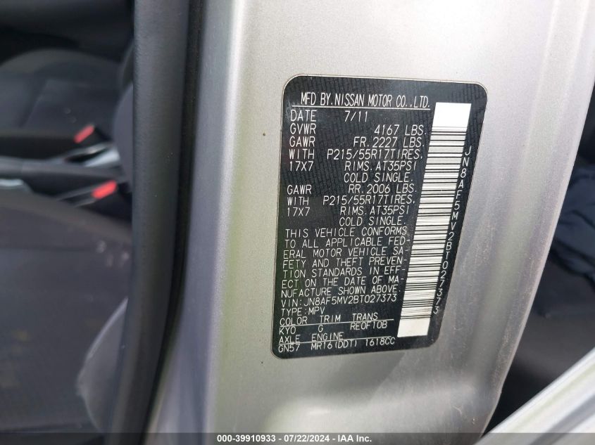 2011 Nissan Juke Sv VIN: JN8AF5MV2BT027373 Lot: 39910933