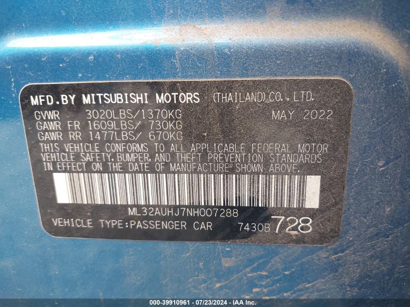 2022 Mitsubishi Mirage Es VIN: ML32AUHJ7NH007288 Lot: 39910961