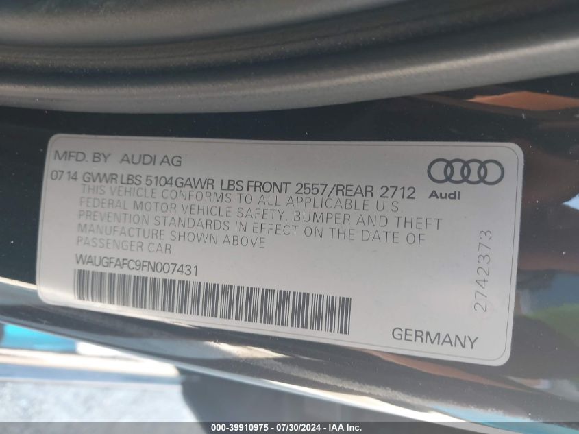 2015 Audi A6 2.0T Premium VIN: WAUGFAFC9FN007431 Lot: 39910975