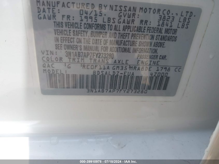 2015 Nissan Sentra Fe+ S/S/Sl/Sr/Sv VIN: 3N1AB7AP7FY273280 Lot: 39910978