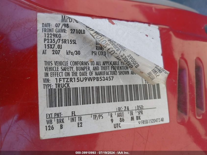 1998 Ford Ranger Splash/Xl/Xlt VIN: 1FTZR15U9WPB53457 Lot: 39910993