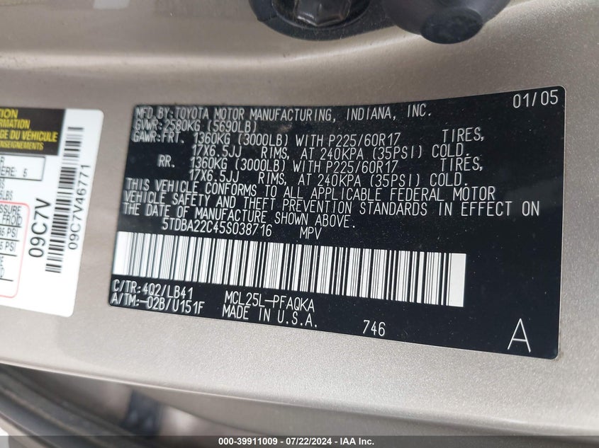 2005 Toyota Sienna Xle Limited VIN: 5TDBA22C45S038716 Lot: 39911009
