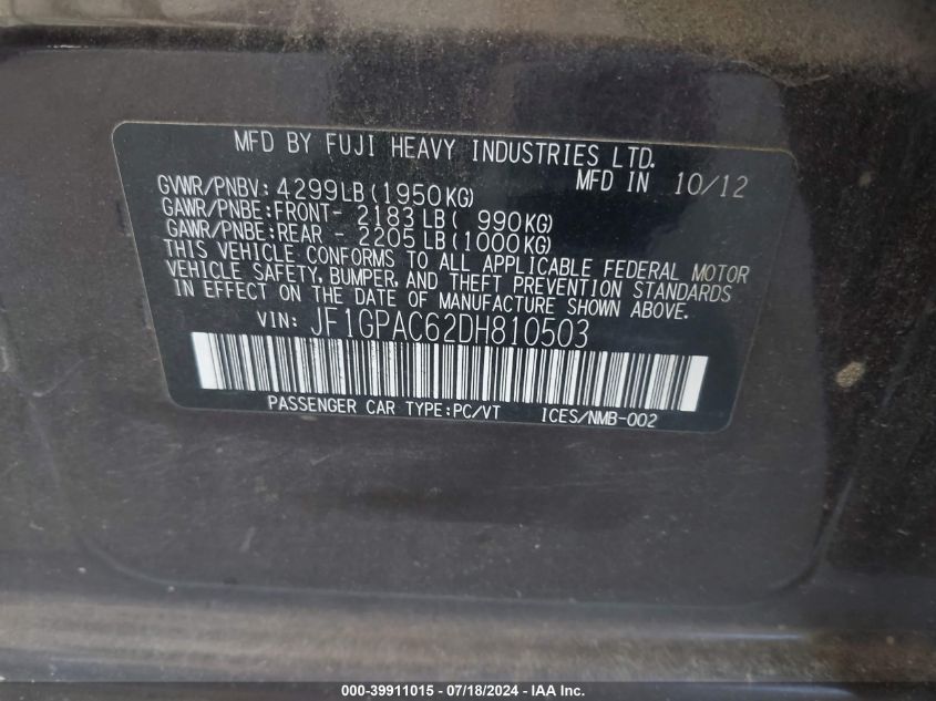 2013 Subaru Impreza 2.0I Premium VIN: JF1GPAC62DH810503 Lot: 39911015