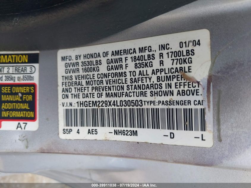 2004 Honda Civic Ex VIN: 1HGEM229X4L030503 Lot: 39911038