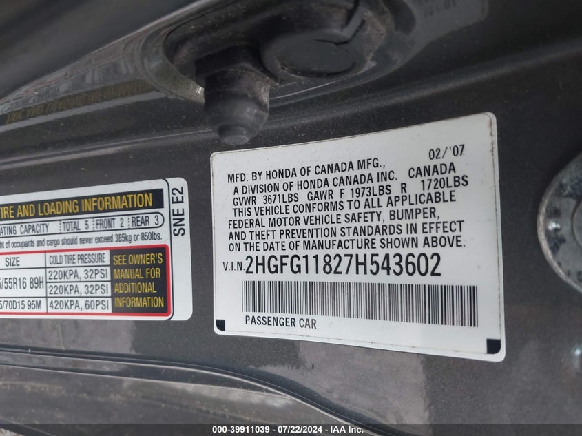 2007 Honda Civic Ex VIN: 2HGFG11827H543602 Lot: 39911039