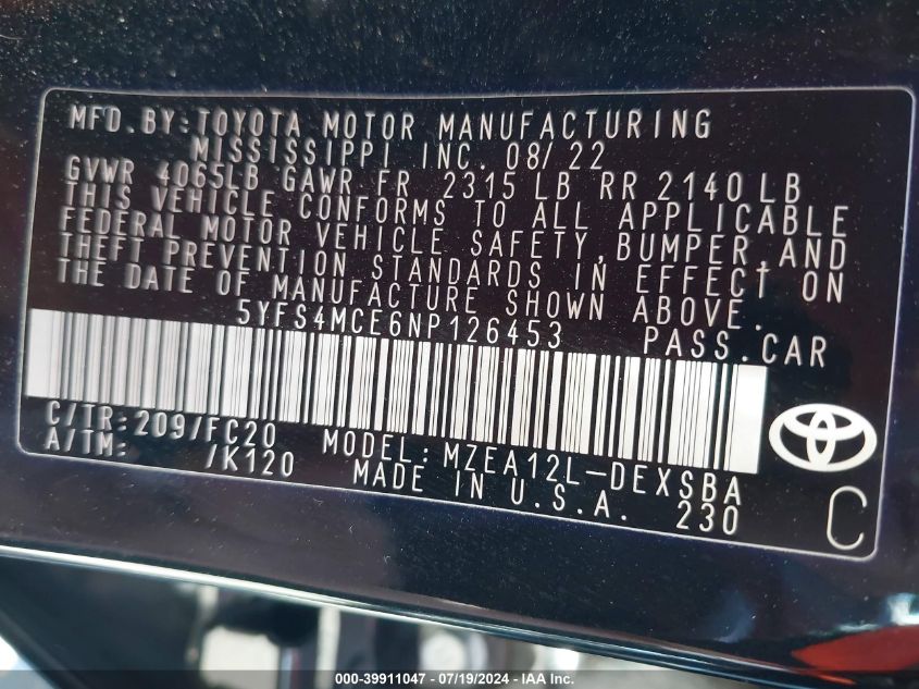 2022 TOYOTA COROLLA 2.0L I-4 DI, DOHC, V(VIN: 5YFS4MCE6NP126453