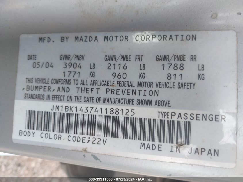 2004 Mazda Mazda3 S VIN: JM1BK143741188125 Lot: 39911063