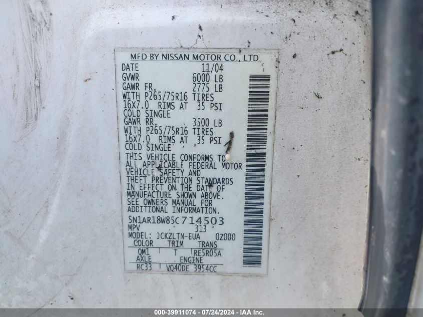 2005 Nissan Pathfinder Se Off-Road VIN: 5N1AR18W85C714503 Lot: 39911074