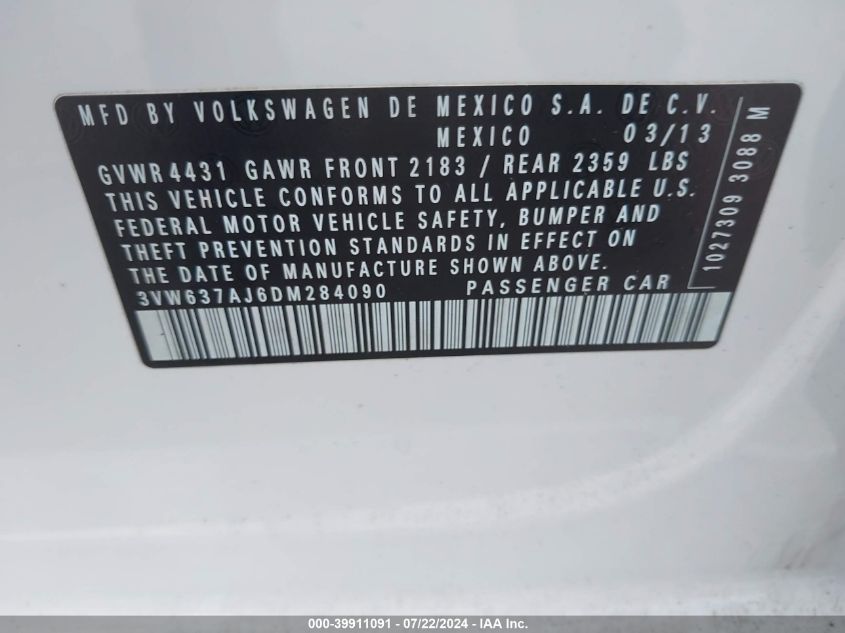 3VW637AJ6DM284090 | 2013 VOLKSWAGEN JETTA HYBRID