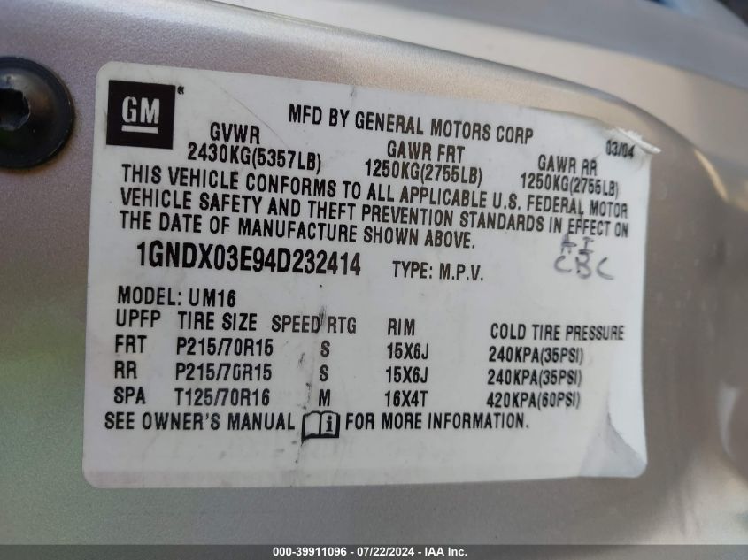 2004 Chevrolet Venture Ls VIN: 1GNDX03E94D232414 Lot: 39911096