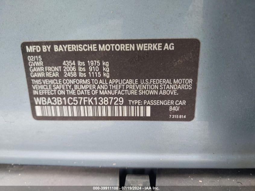 2015 BMW 320 I VIN: WBA3B1C57FK138729 Lot: 39911108
