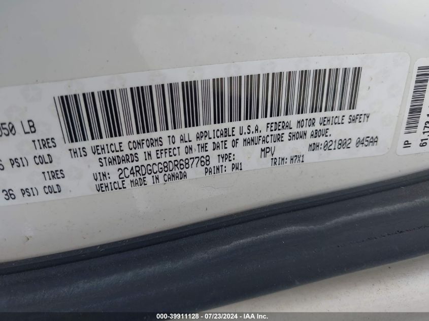 2013 Dodge Grand Caravan Sxt VIN: 2C4RDGCG8DR687768 Lot: 39911128