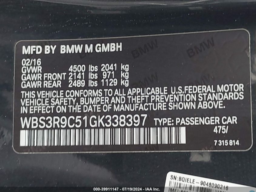 2016 BMW M4 VIN: WBS3R9C51GK338397 Lot: 39911147