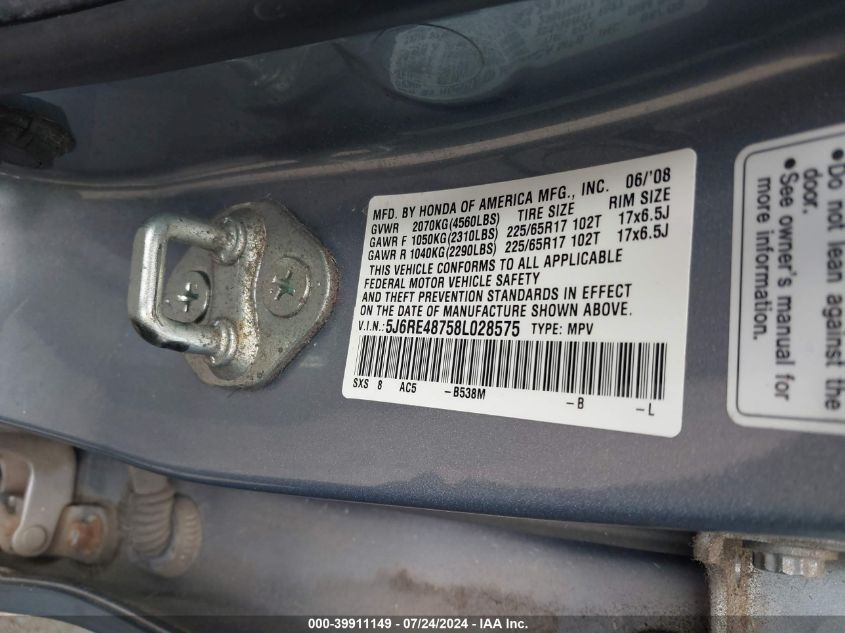 2008 Honda Cr-V Ex-L VIN: 5J6RE48758L028575 Lot: 39911149