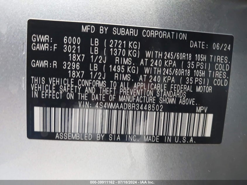 2024 Subaru Ascent Base 8-Passenger VIN: 4S4WMAAD8R3448502 Lot: 39911162