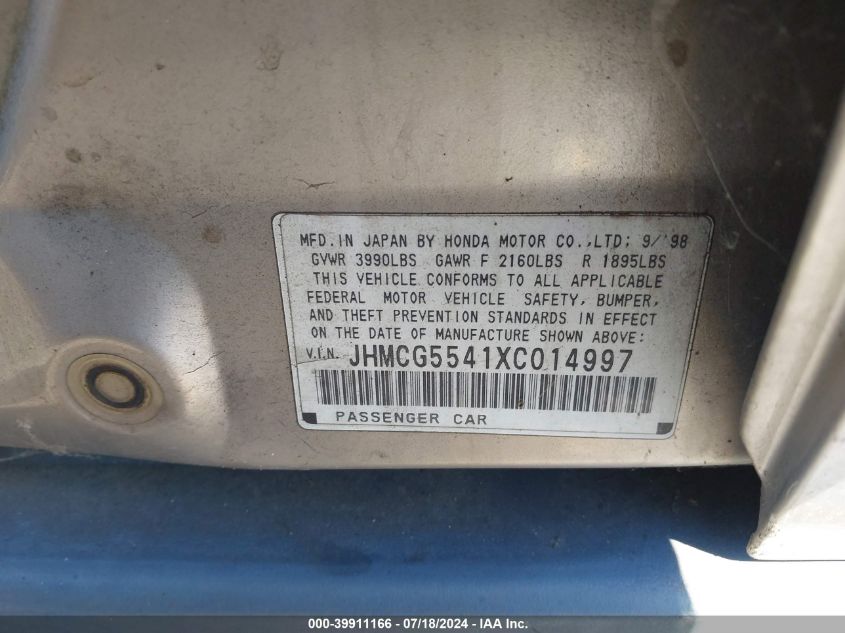 1999 Honda Accord Lx VIN: JHMCG5541XC014997 Lot: 39911166