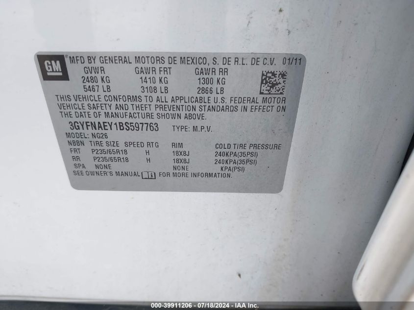 2011 Cadillac Srx Luxury Collection VIN: 3GYFNAEY1BS597763 Lot: 39911206