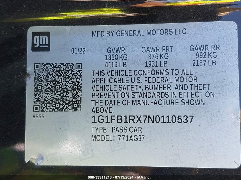 2022 Chevrolet Camaro Rwd 1Lt VIN: 1G1FB1RX7N0110537 Lot: 39911213