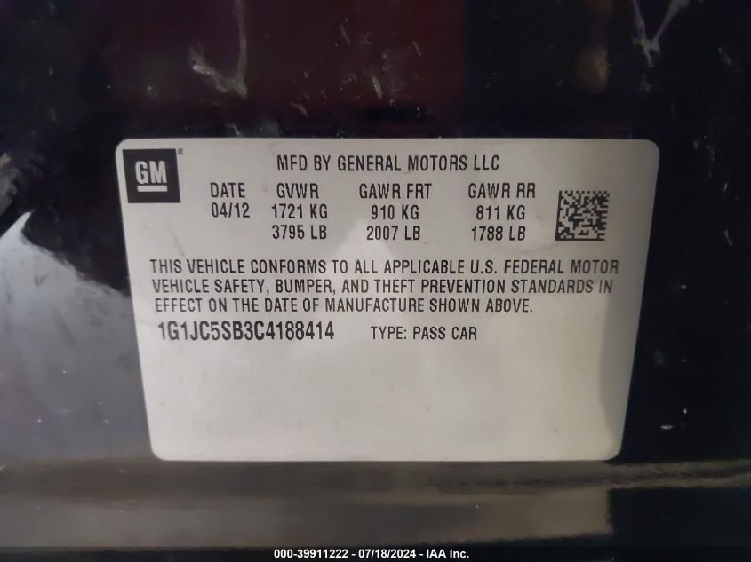 1G1JC5SB3C4188414 | 2012 CHEVROLET SONIC