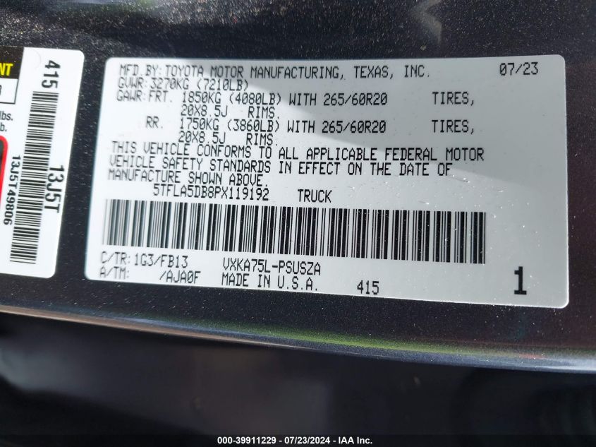 2023 Toyota Tundra Sr5 VIN: 5TFLA5DB8PX119192 Lot: 39911229