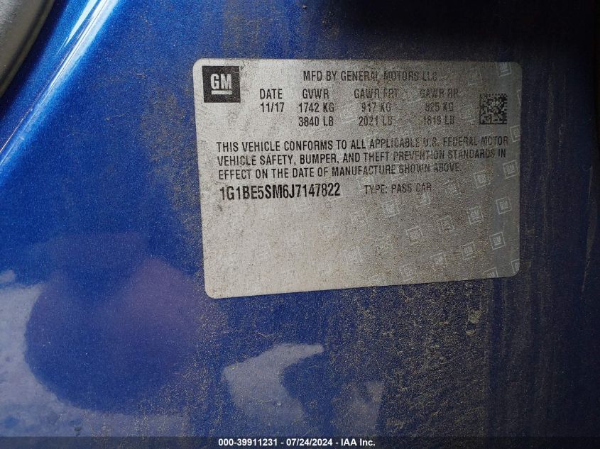 2018 Chevrolet Cruze Lt VIN: 1G1BE5SM6J7147822 Lot: 39911231