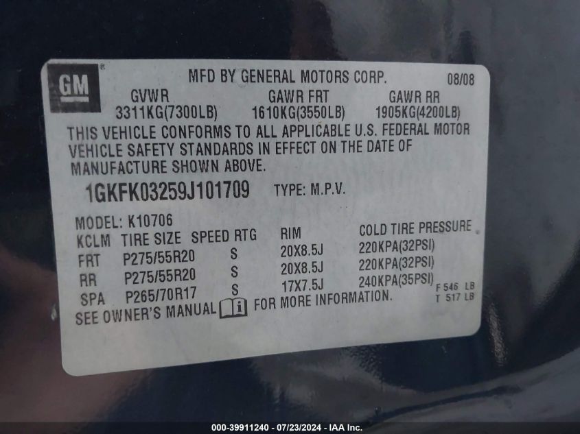 2009 GMC Yukon Denali VIN: 1GKFK03259J101709 Lot: 39911240