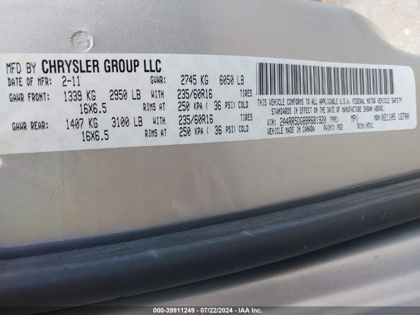 2011 Chrysler Town & Country Touring VIN: 2A4RR5DG8BR681920 Lot: 39911249