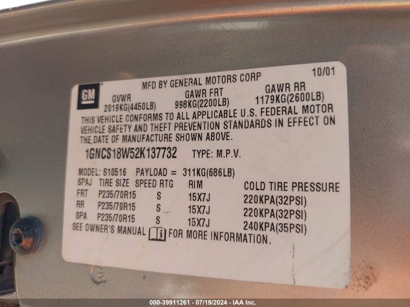 2002 Chevrolet Blazer Ls VIN: 1GNCS18W52K137732 Lot: 39911261