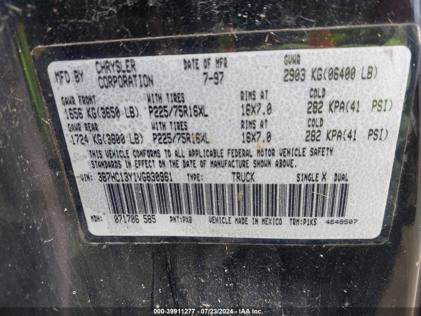 1997 Dodge Ram 1500 VIN: 3B7HC13Y1VG830961 Lot: 39911277