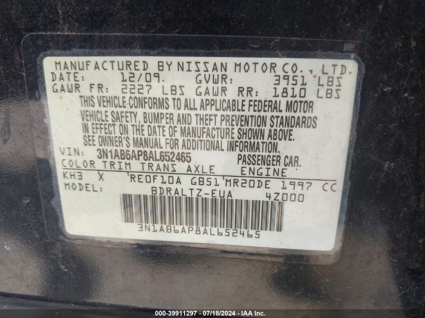 2010 Nissan Sentra 2.0S VIN: 3N1AB6AP8AL652465 Lot: 39911297