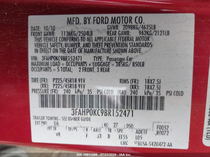 2011 Ford Fusion Sport VIN: 3FAHP0KC9BR152471 Lot: 39911299