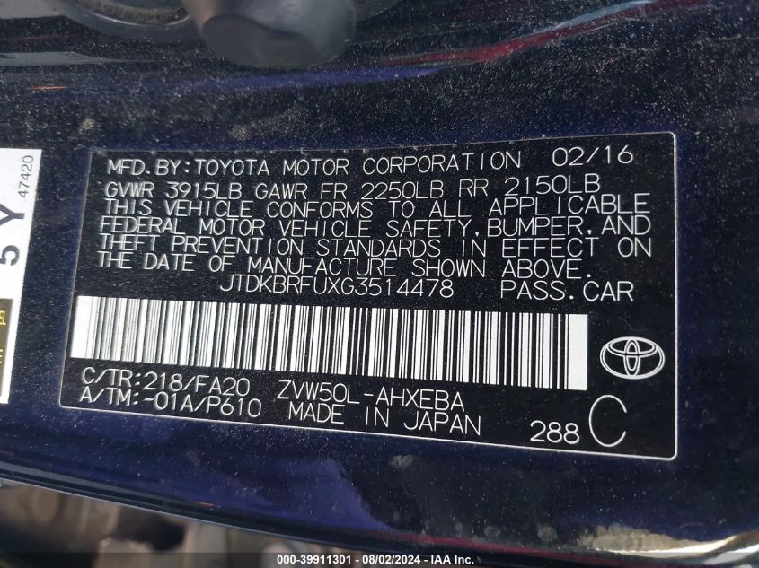 2016 Toyota Prius Two VIN: JTDKBRFUXG3514478 Lot: 39911301