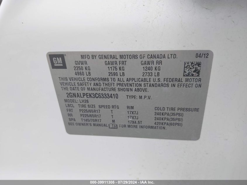 2012 Chevrolet Equinox 2Lt VIN: 2GNALPEK3C6333410 Lot: 39911305